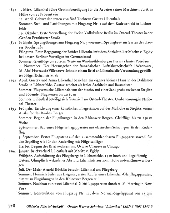 Zeittafel Otto Lilienthal 1890 - 1894...